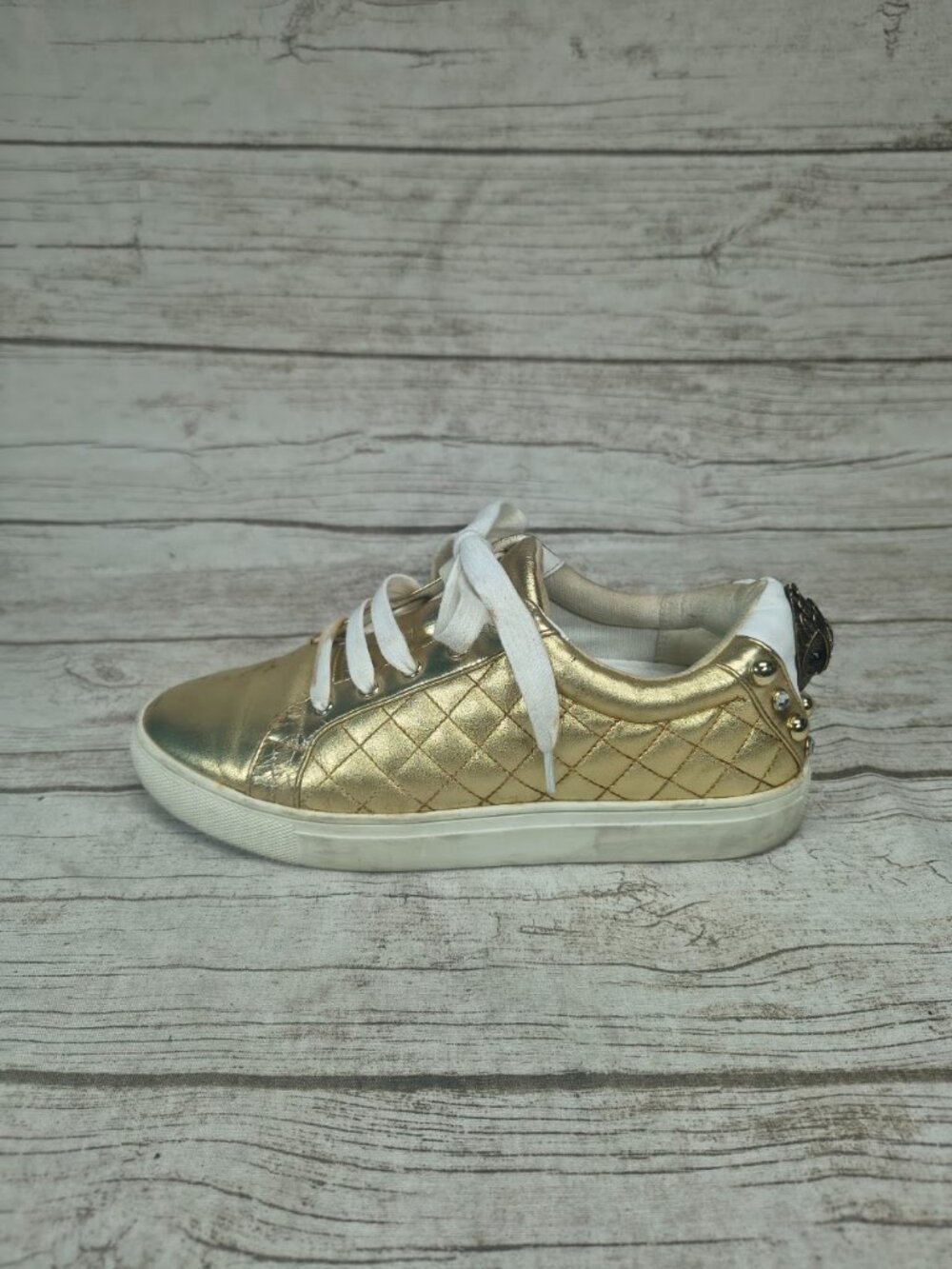 Kurt Geiger Metallic Gold Quilted Embellished Sneakers Size 38
